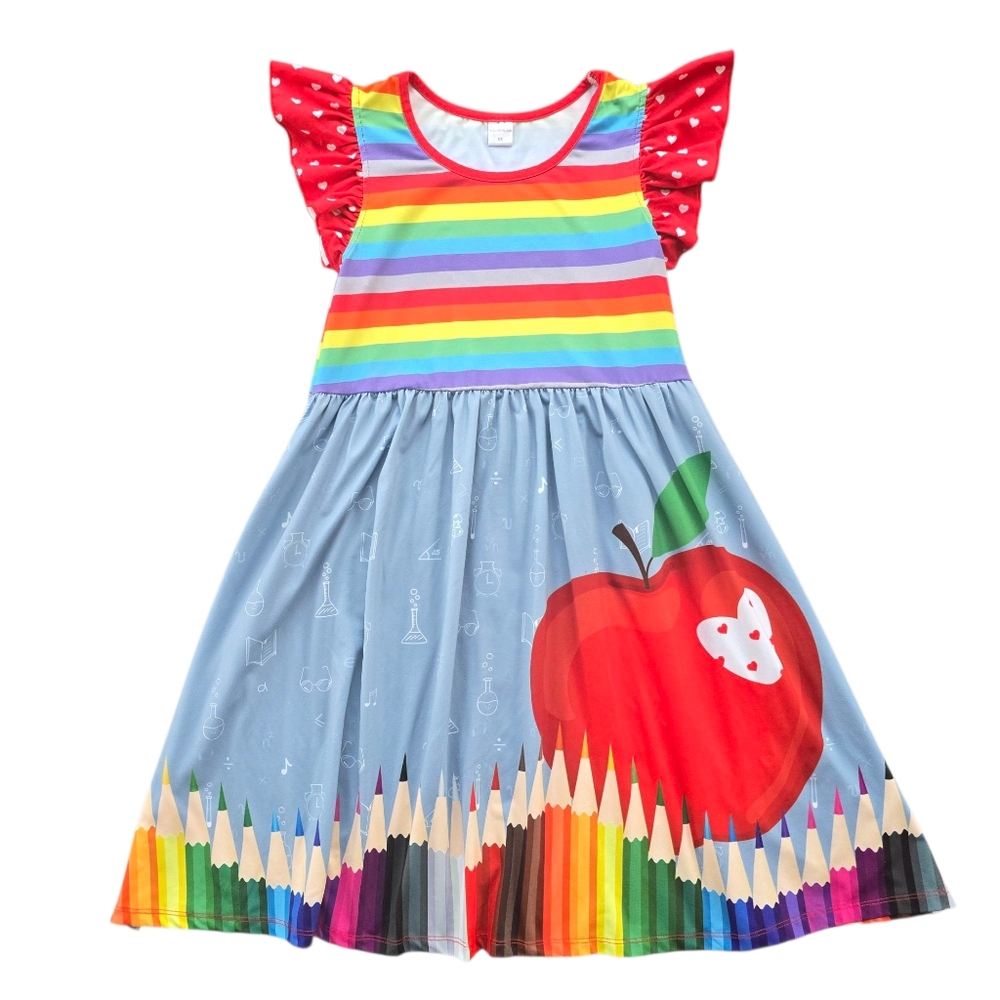 Penelope Plumm Colorful Rainbow Ruffle Sleeve Dress with Apple Design Size 12